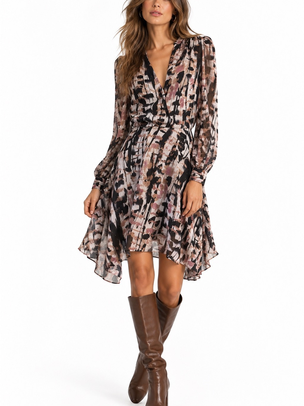 REISS Maine Printed Dress Abstract Handkerchief Hem Size US 2